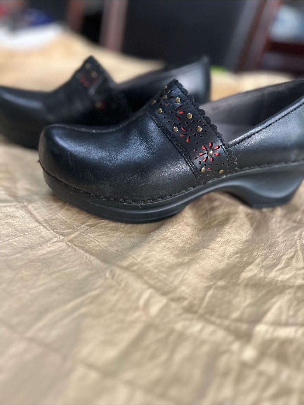 Sanita Black Leather Clogs with Floral Cutouts and Red Accents size  6.